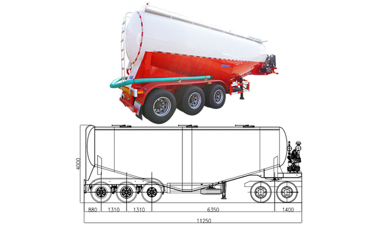 Model:  Dimension: 9900mm * 2000mm *4000mm Tanker Body Material: 5mm high strength wear-resistance steel Payload: 35CBM Axles：3 axles Tire：12 units Application: transport lime, cement, powder, etc. Compressor: 12m³ double cylinder air compressor Diesel Engine: WEICHAI Brand Compressor: BOHAI Suspension: Heavy-duty mechanical suspension Landing gear: JOST