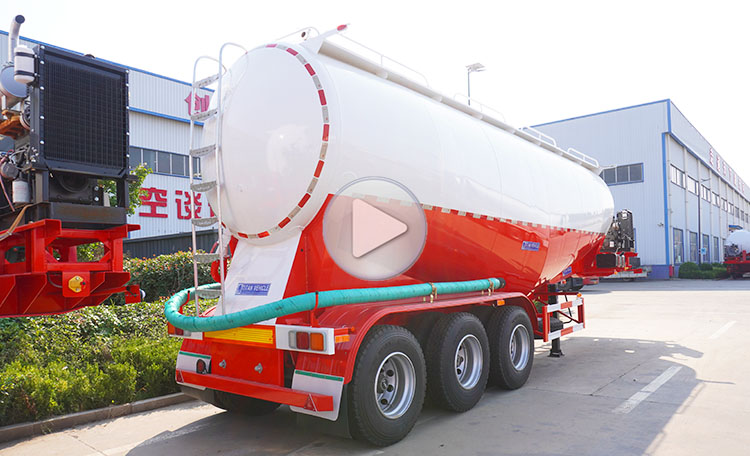 Model:  Dimension: 9900mm * 2000mm *4000mm Tanker Body Material: 5mm high strength wear-resistance steel Payload: 35CBM Axles：3 axles Tire：12 units Application: transport lime, cement, powder, etc. Compressor: 12m³ double cylinder air compressor Diesel Engine: WEICHAI Brand Compressor: BOHAI Suspension: Heavy-duty mechanical suspension Landing gear: JOST